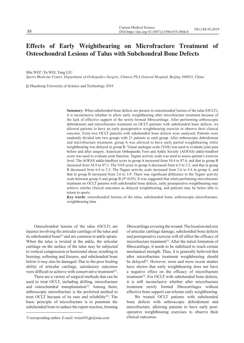 Effects of Early Weightbearing on Microfracture Treatment of Osteochondral Lesions of Talus with Subchondral Bone Defects