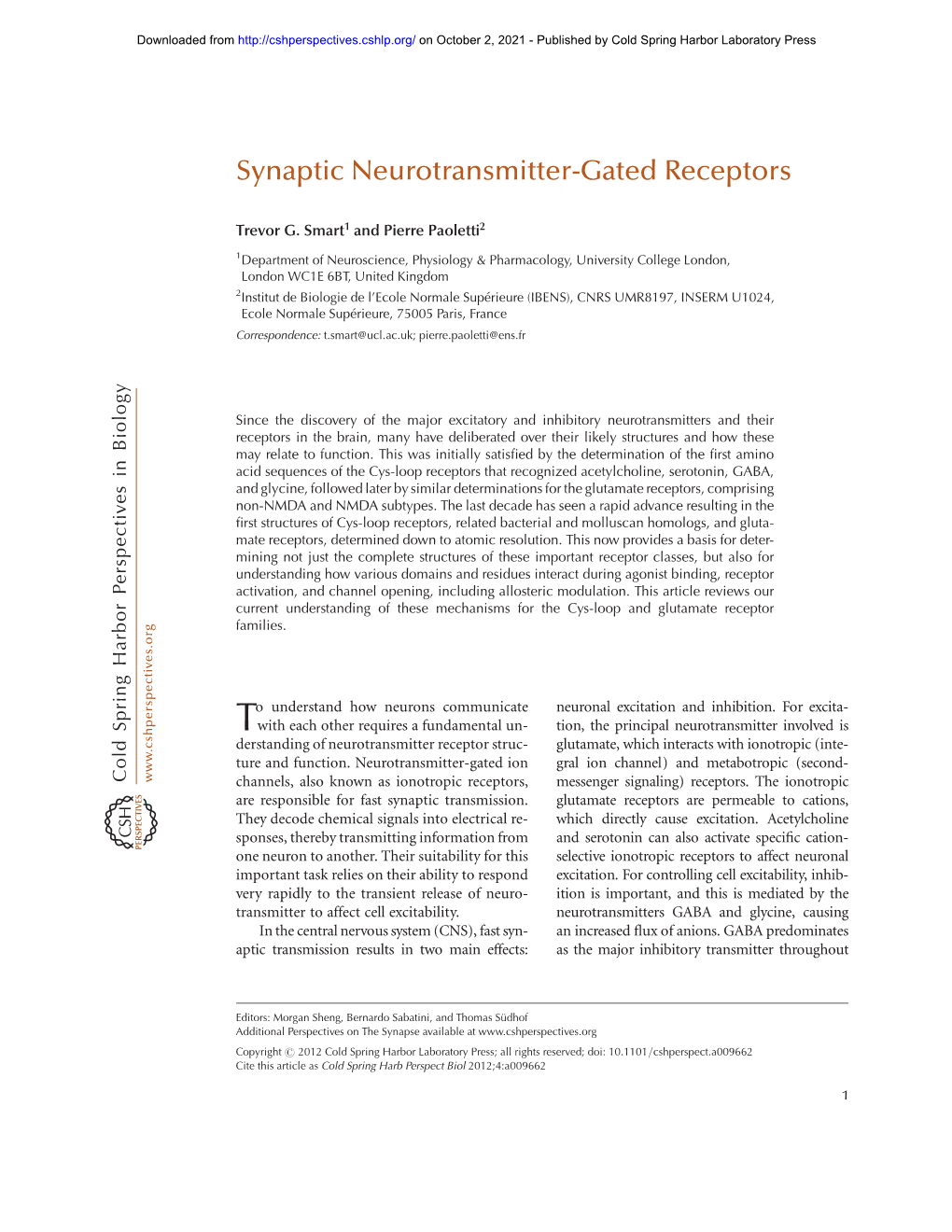 Synaptic Neurotransmitter-Gated Receptors