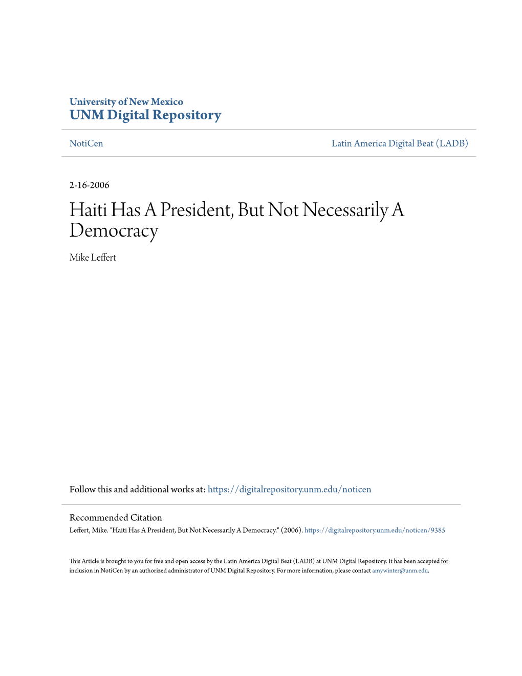 Haiti Has a President, but Not Necessarily a Democracy Mike Leffert