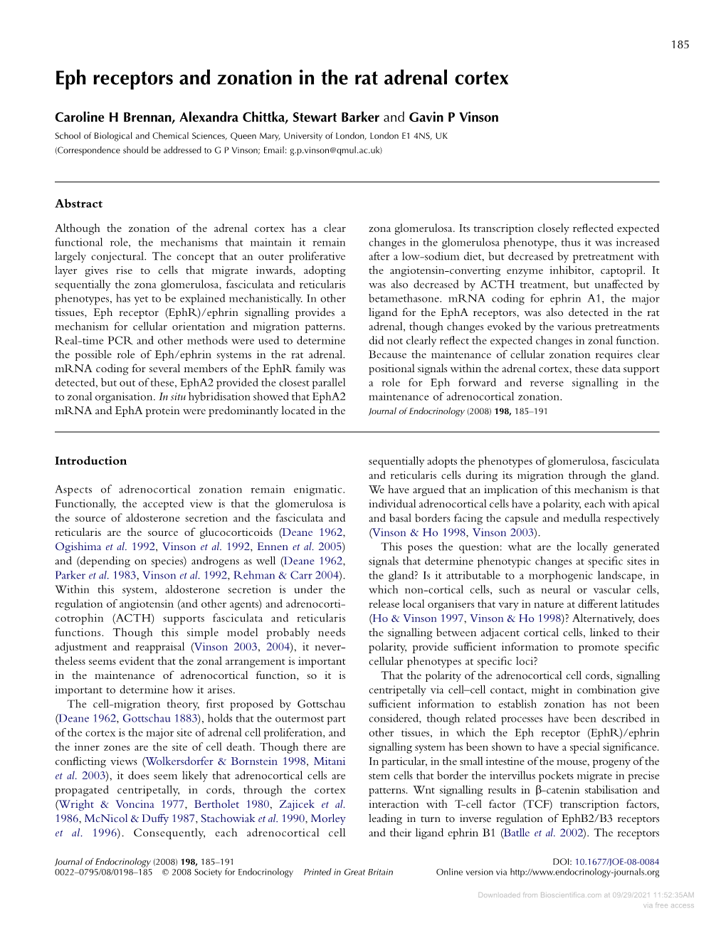 Eph Receptors and Zonation in the Rat Adrenal Cortex