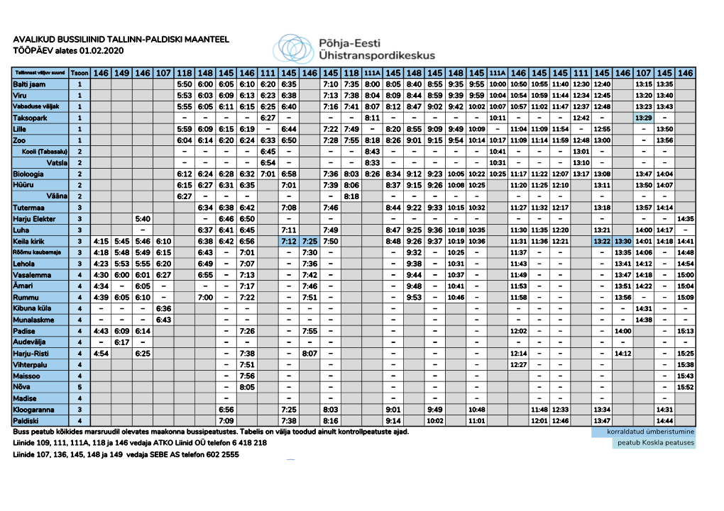 AVALIKUD BUSSILIINID TALLINN-PALDISKI MAANTEEL TÖÖPÄEV Alates 01.02.2020