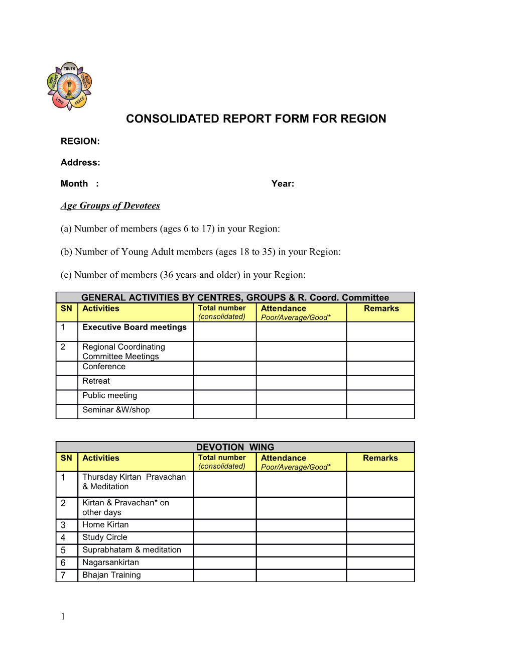 Consolidated Report Form for Region