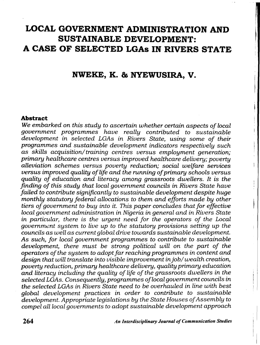 LOCAL GOVERNMENT ADMINISTRATION and SUSTAINABLE DEVELOPMENT: a CASE of SELECTED Lgas in RIVERS STATE