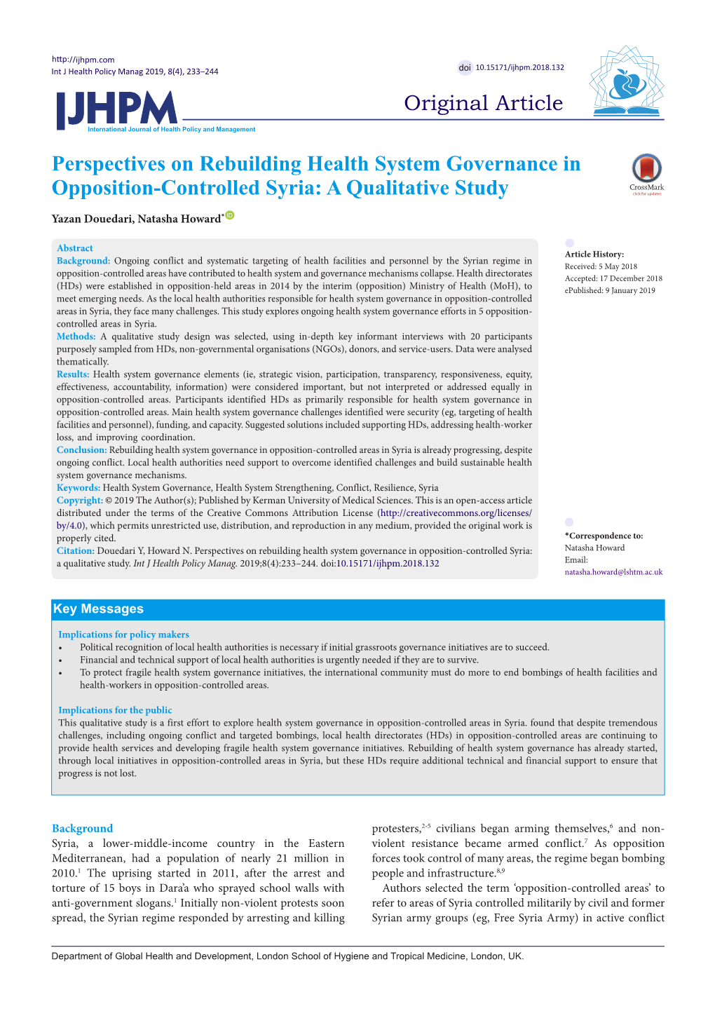 Perspectives on Rebuilding Health System Governance in Opposition-Controlled Syria: a Qualitative Study