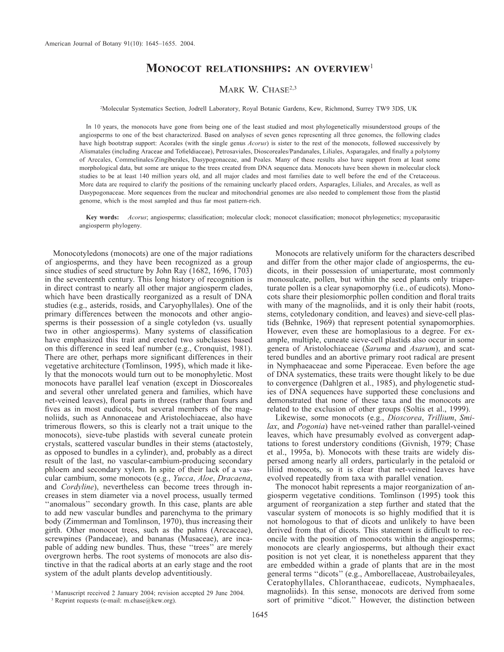 Monocot Relationships: an Overview1