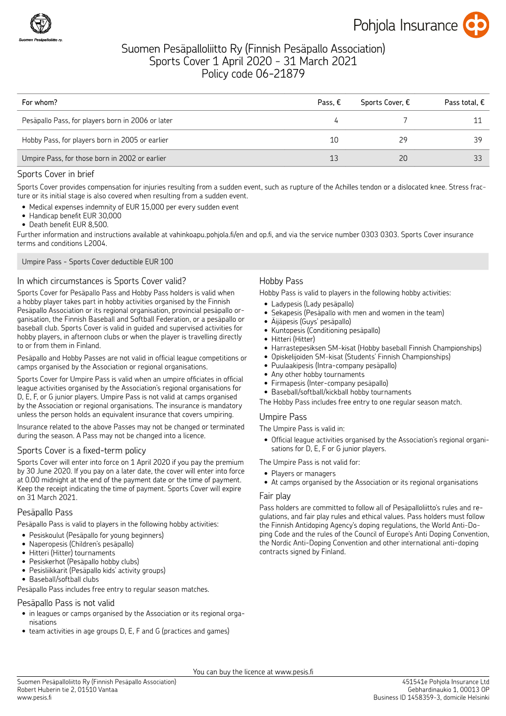 Suomen Pesäpalloliitto Ry (Finnish Pesäpallo Association) Sports Cover 1 April 2020 - 31 March 2021 Policy Code 06-21879