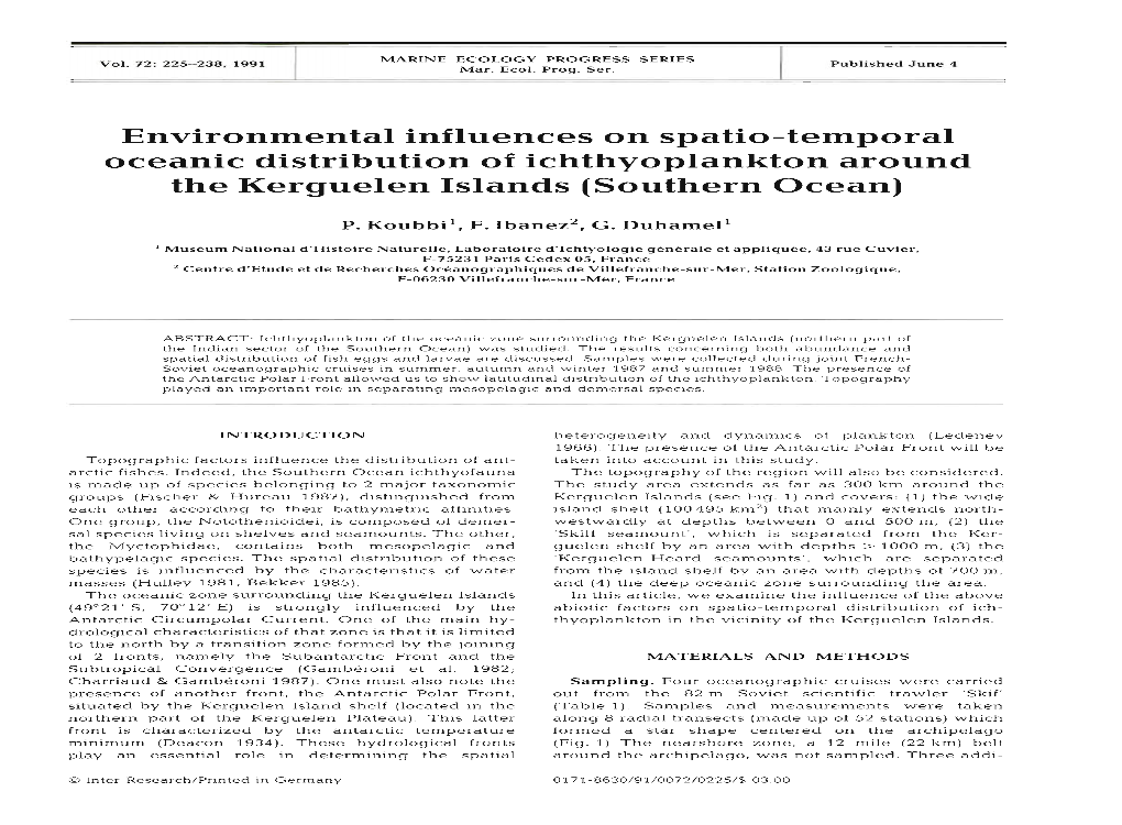 Environmental Influences on Spatio-Temporal Oceanic Distribution of Ichthyoplankton Around the Kerguelen Islands (Southern Ocean)