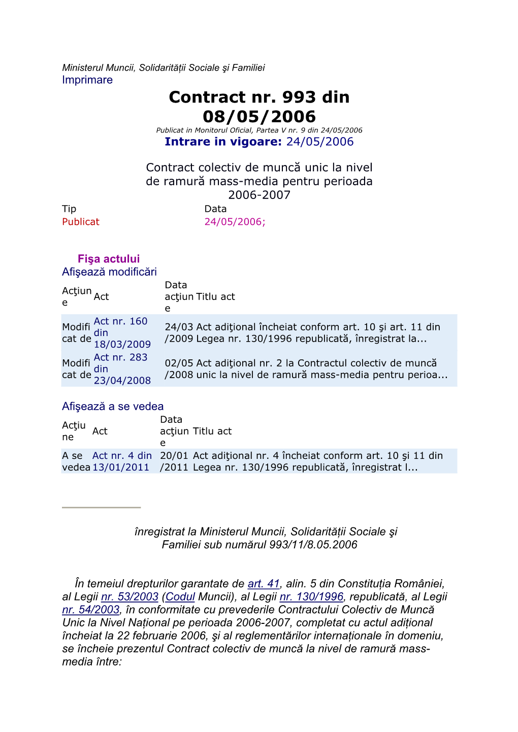 Contract Nr. 993 Din 08/05/2006 Publicat in Monitorul Oficial, Partea V Nr