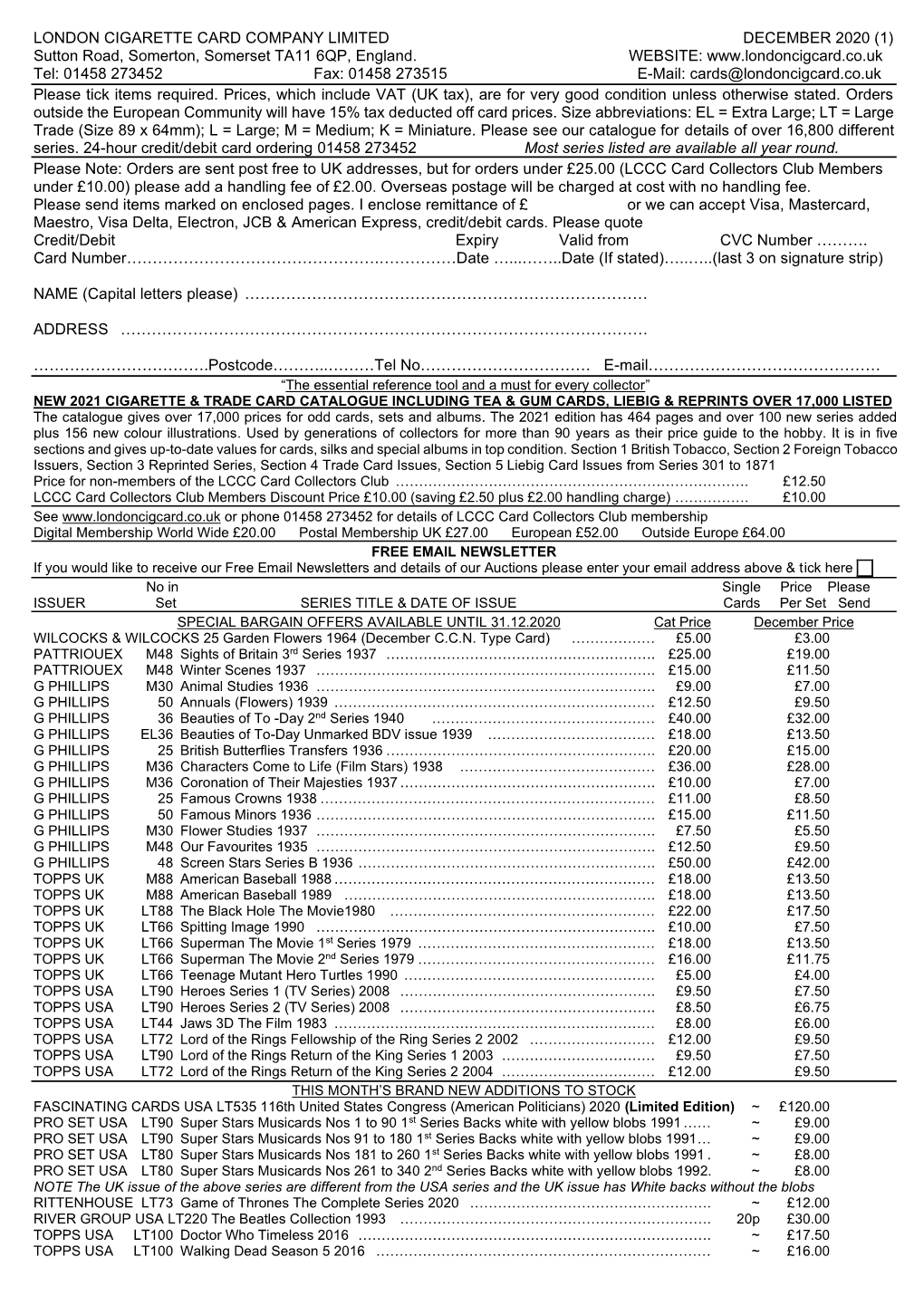 The London Cigarette Card Company Limited December