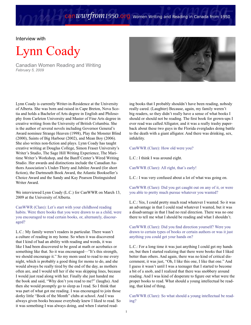 Lynn Coady Canadian Women Reading and Writing February 5, 2009