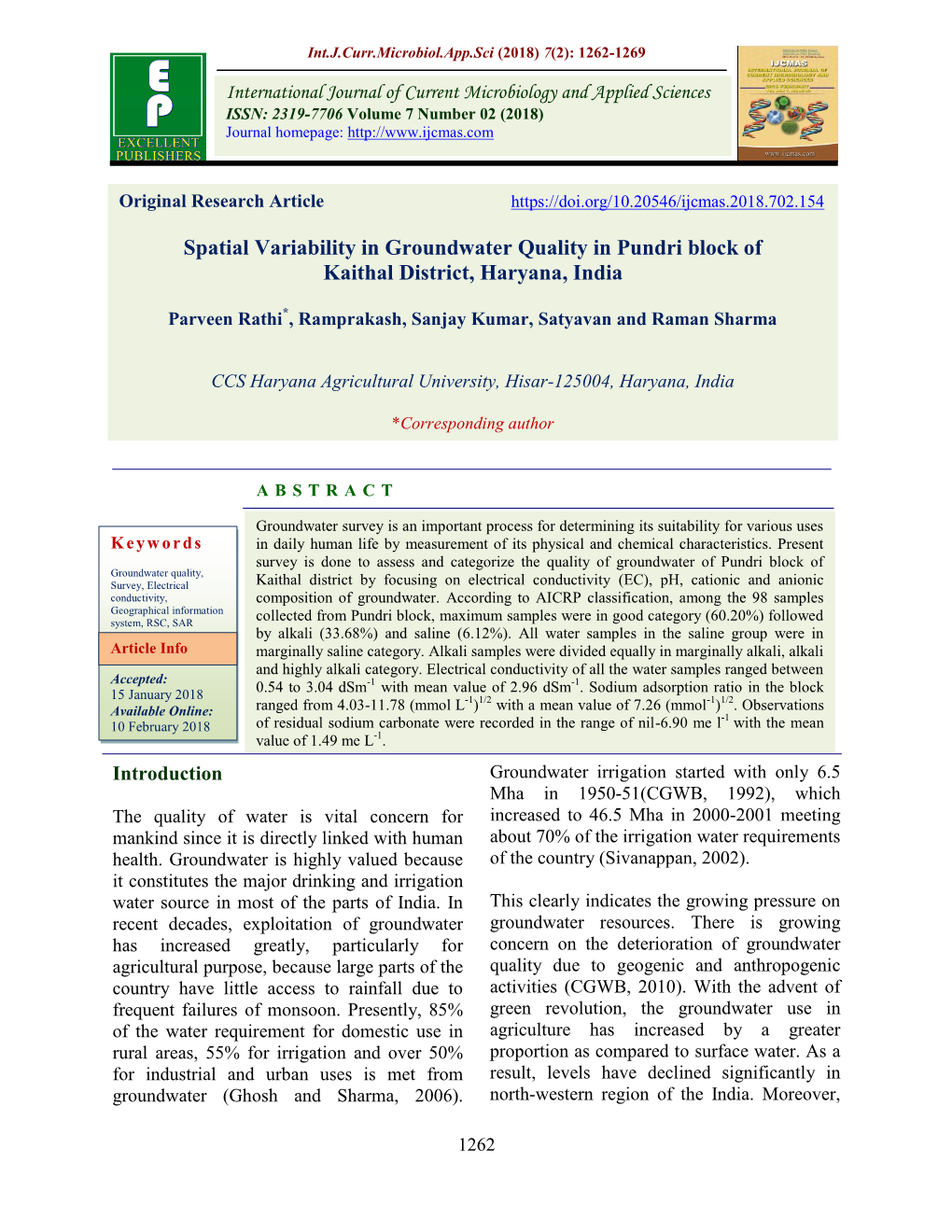 Spatial Variability in Groundwater Quality in Pundri Block of Kaithal District, Haryana, India