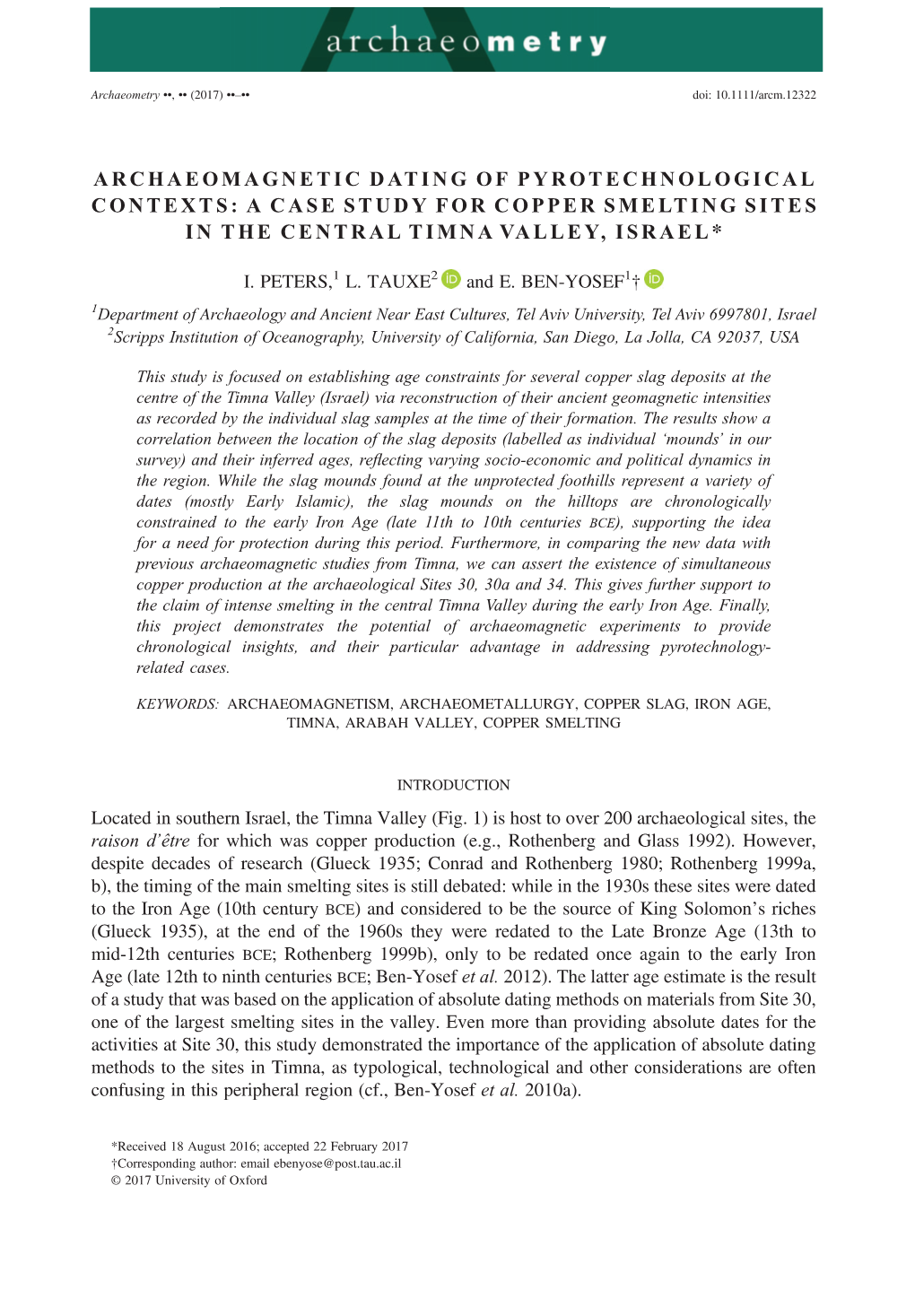 A Case Study for Copper Smelting Sites in the Central Timna Valley, Israel*