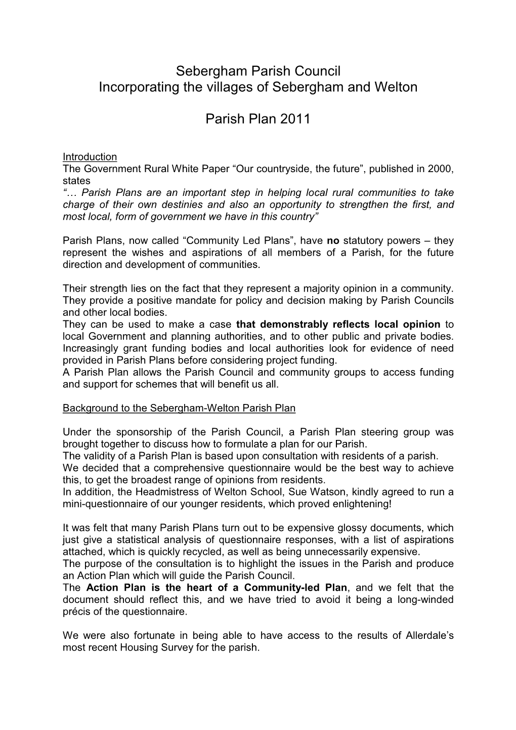 Sebergham and Welton Parish Plan 2011