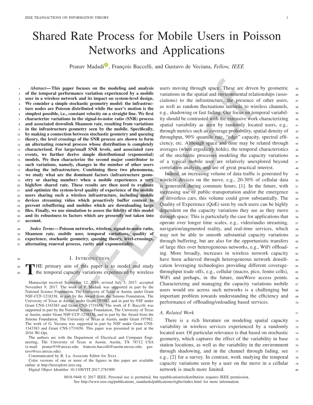 Shared Rate Process for Mobile Users in Poisson Networks and Applications