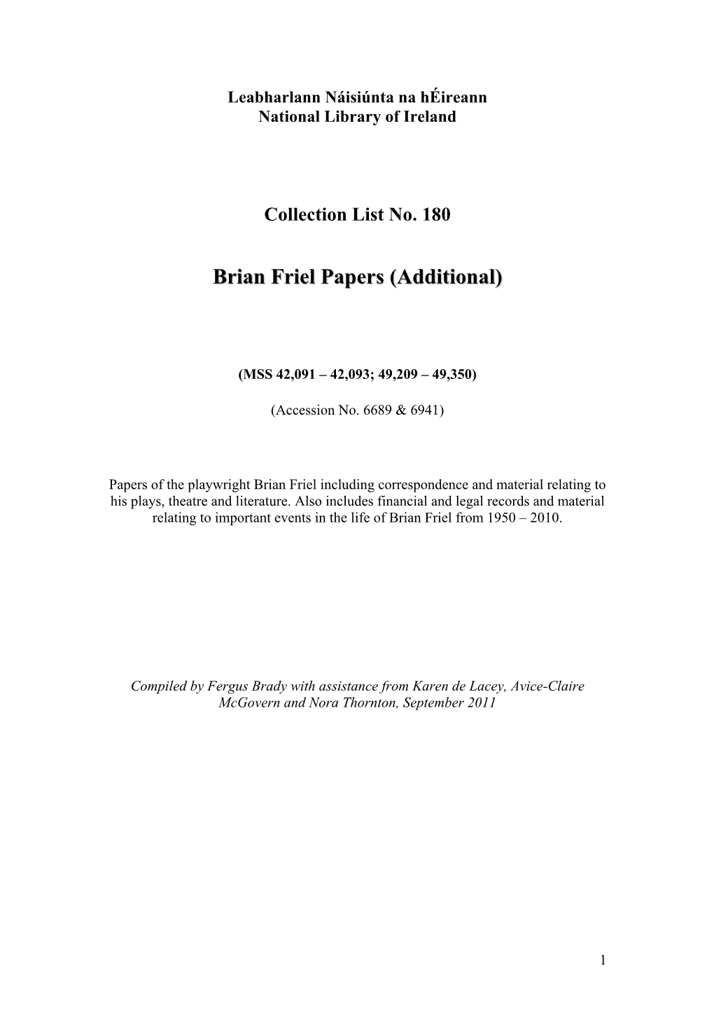 Brian Friel Papers (Additional)