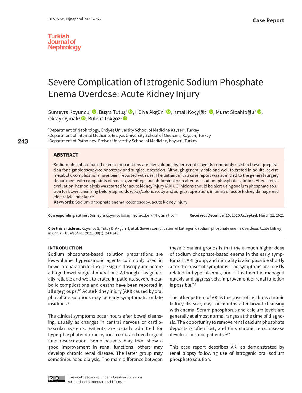 Severe Complication of Iatrogenic Sodium Phosphate Enema Overdose: Acute Kidney Injury