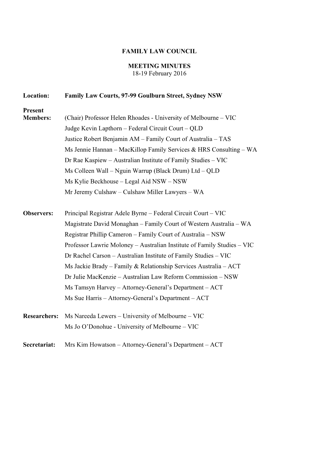 Meeting Minutes for February 2016 in Sydney