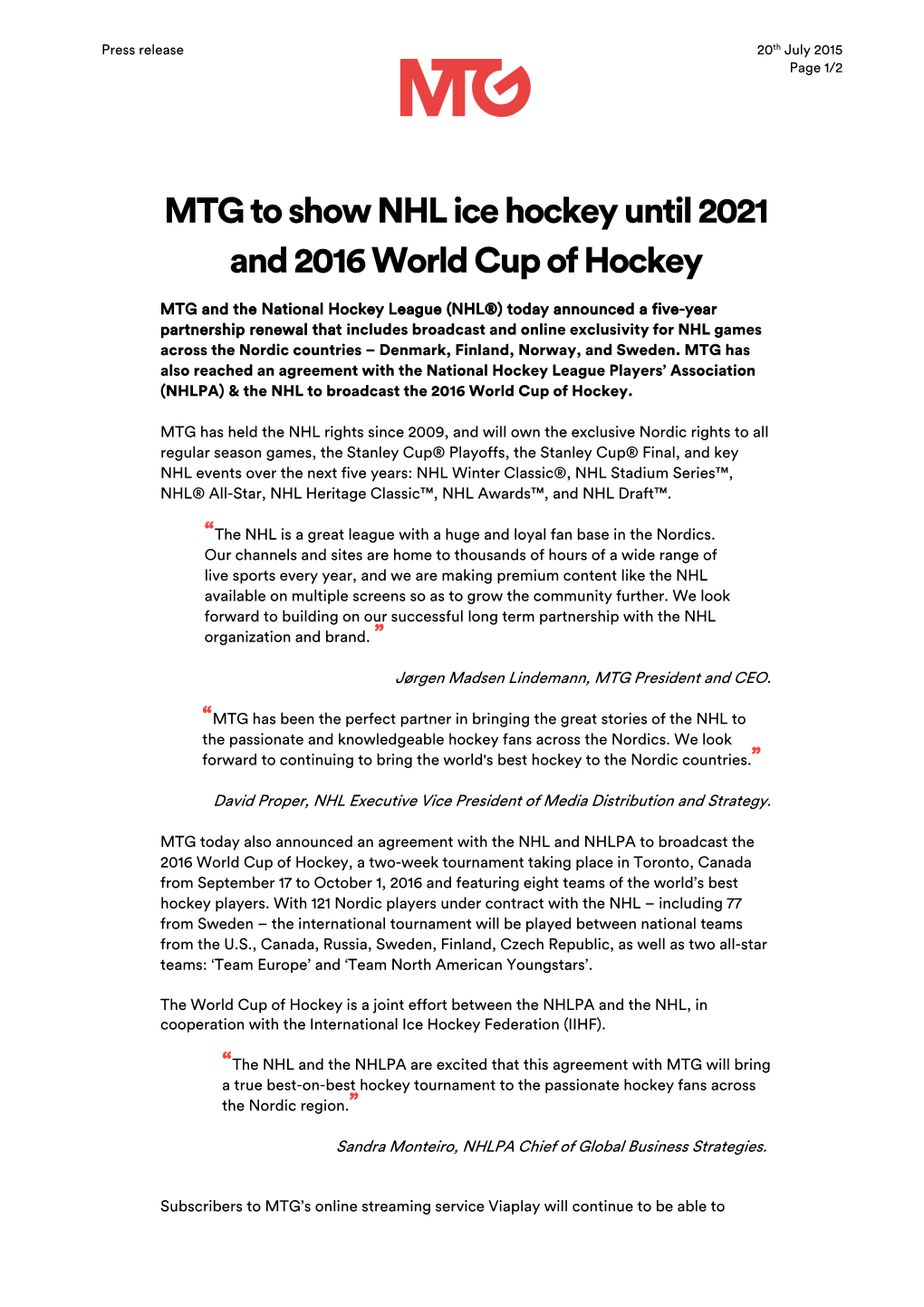 MTG to Show NHL Ice Hockey Until 2021 and 2016 World Cup of Hockey
