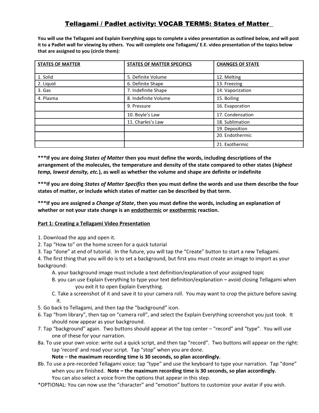 Tellagami / Padlet Activity: VOCAB TERMS: States of Matter
