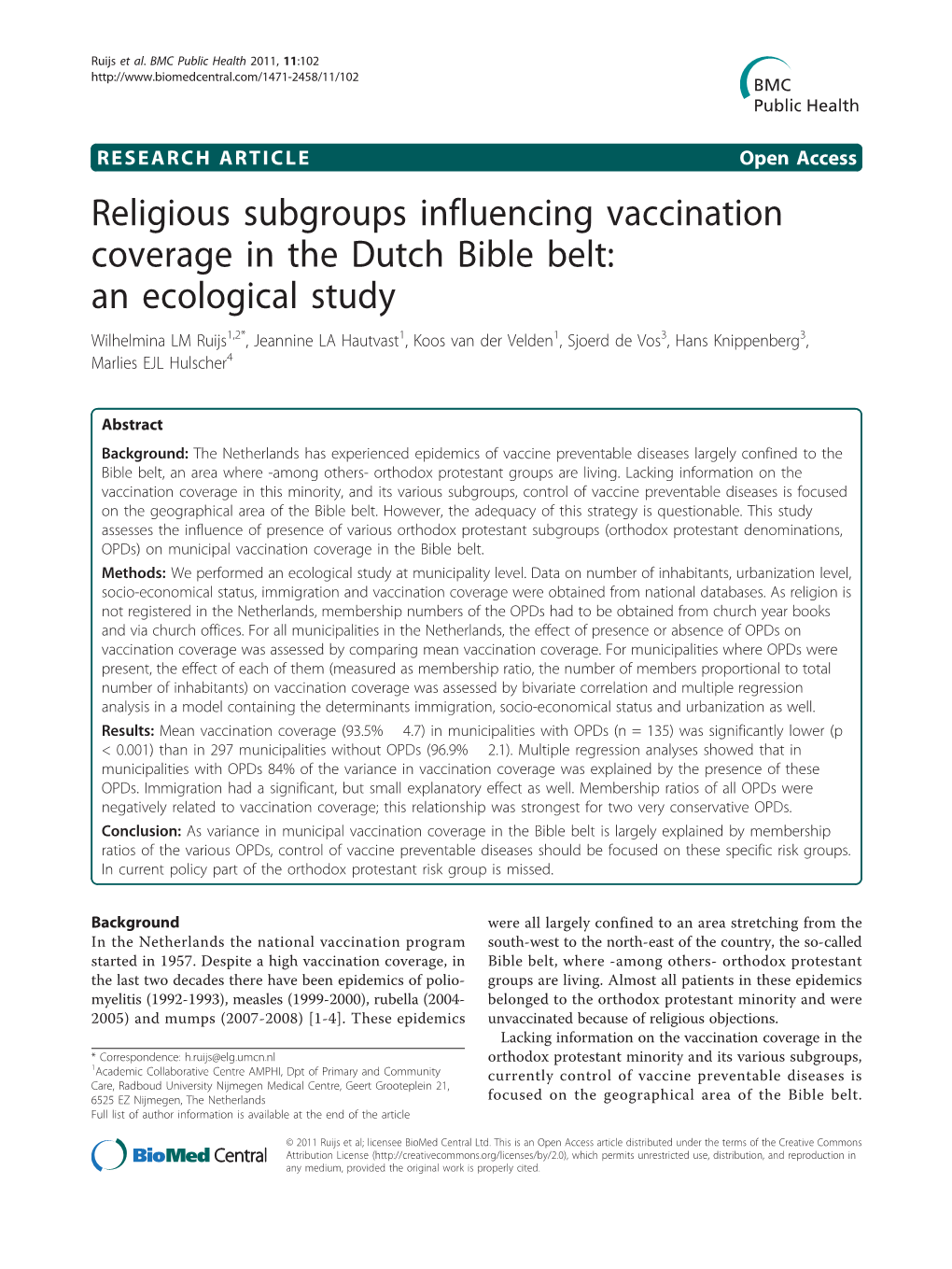 Religious Subgroups Influencing Vaccination Coverage in the Dutch