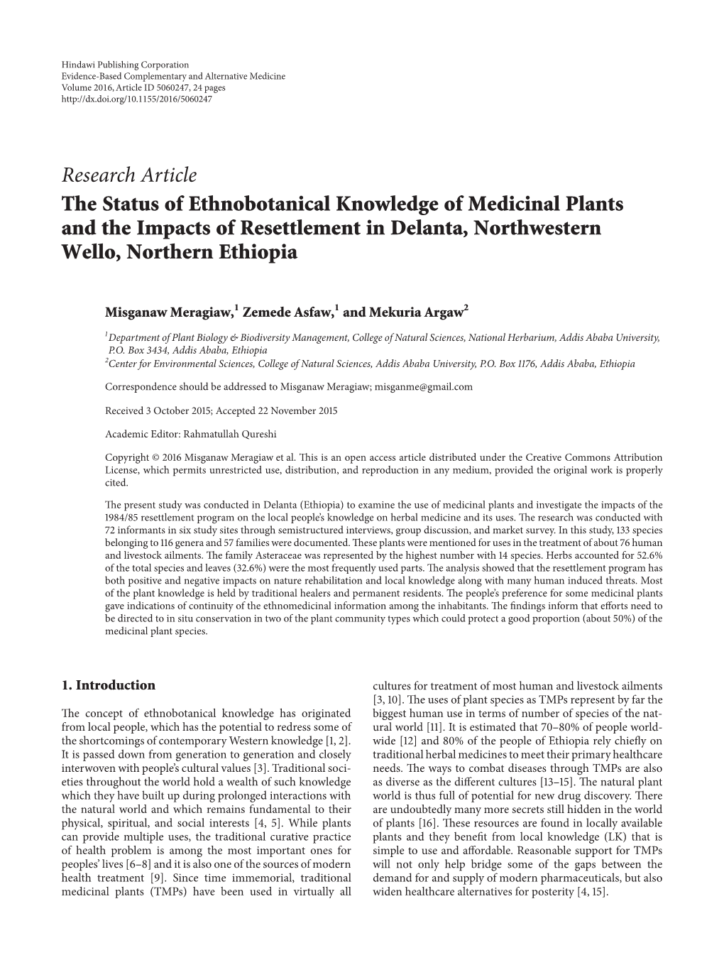 The Status of Ethnobotanical Knowledge of Medicinal Plants and the Impacts of Resettlement in Delanta, Northwestern Wello, Northern Ethiopia