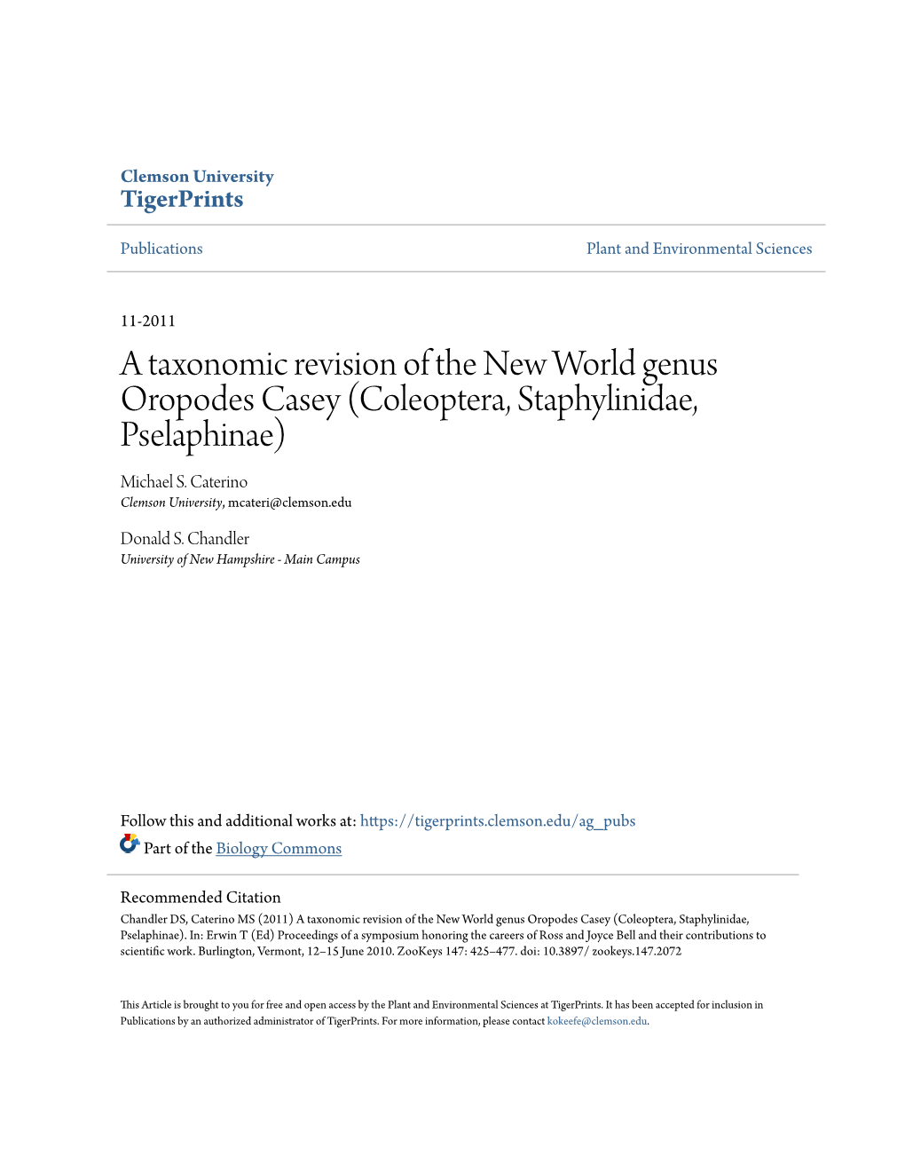 A Taxonomic Revision of the New World Genus Oropodes Casey (Coleoptera, Staphylinidae, Pselaphinae) Michael S