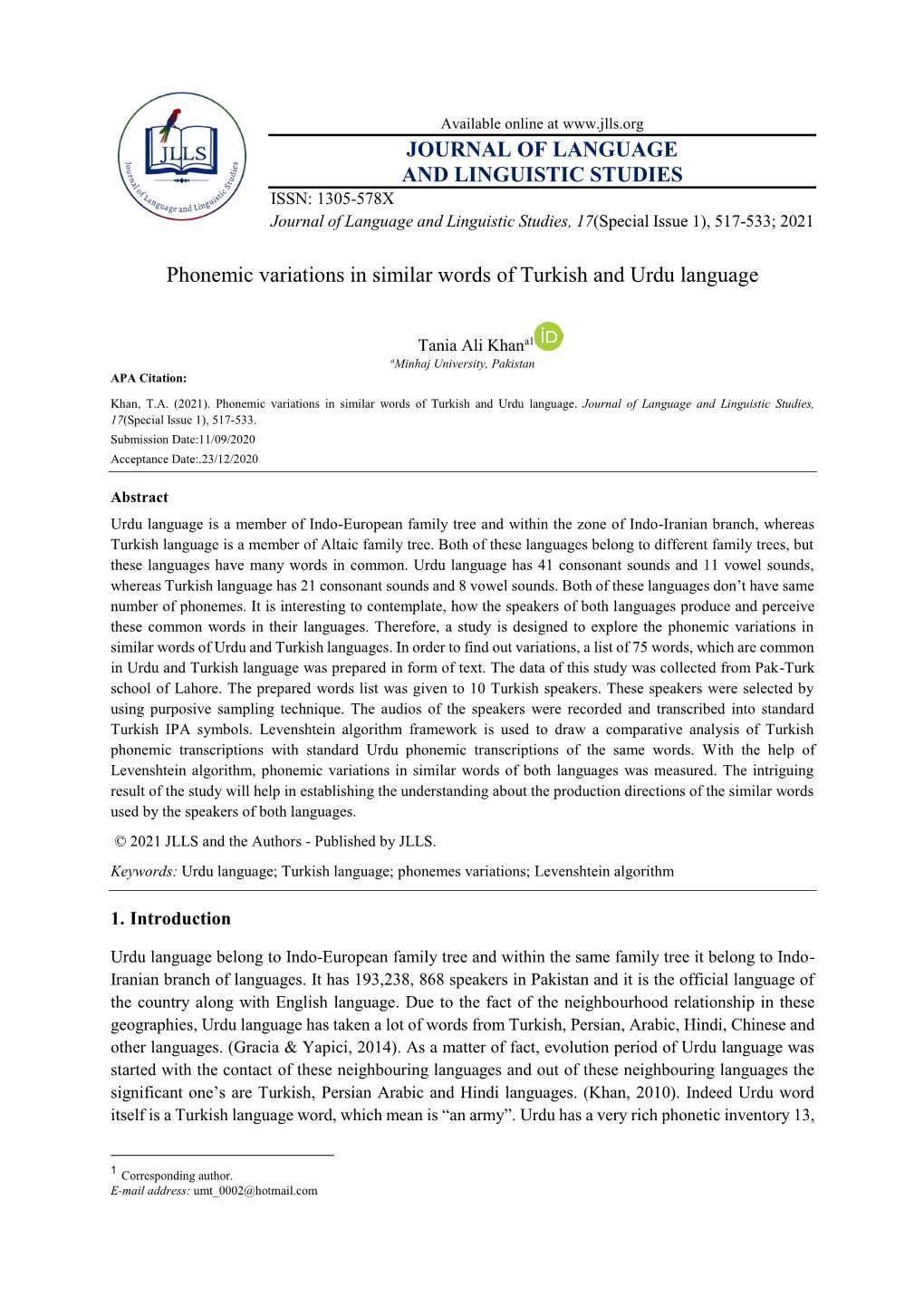 Phonemic Variations in Similar Words of Turkish and Urdu Language. Journal of Language and Linguistic Studies, 17(Special Issue 1), 517-533