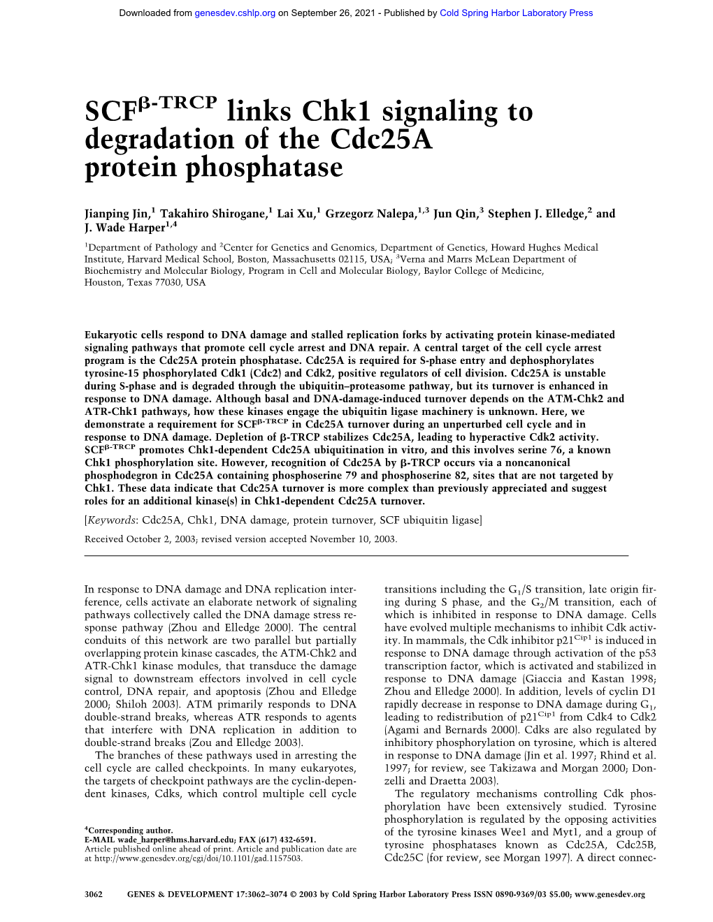 SCF Links Chk1 Signaling to Degradation of the Cdc25a Protein