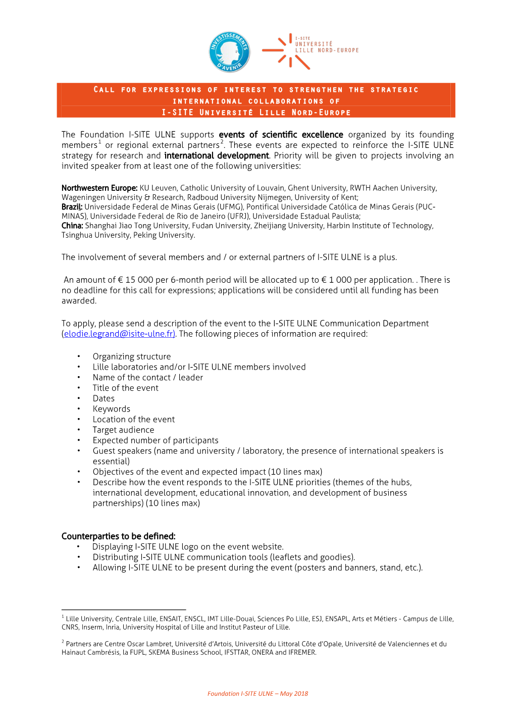 Call for Expressions of Interest to Strengthen the Strategic International Collaborations of I-SITE Université Lille Nord-Europe