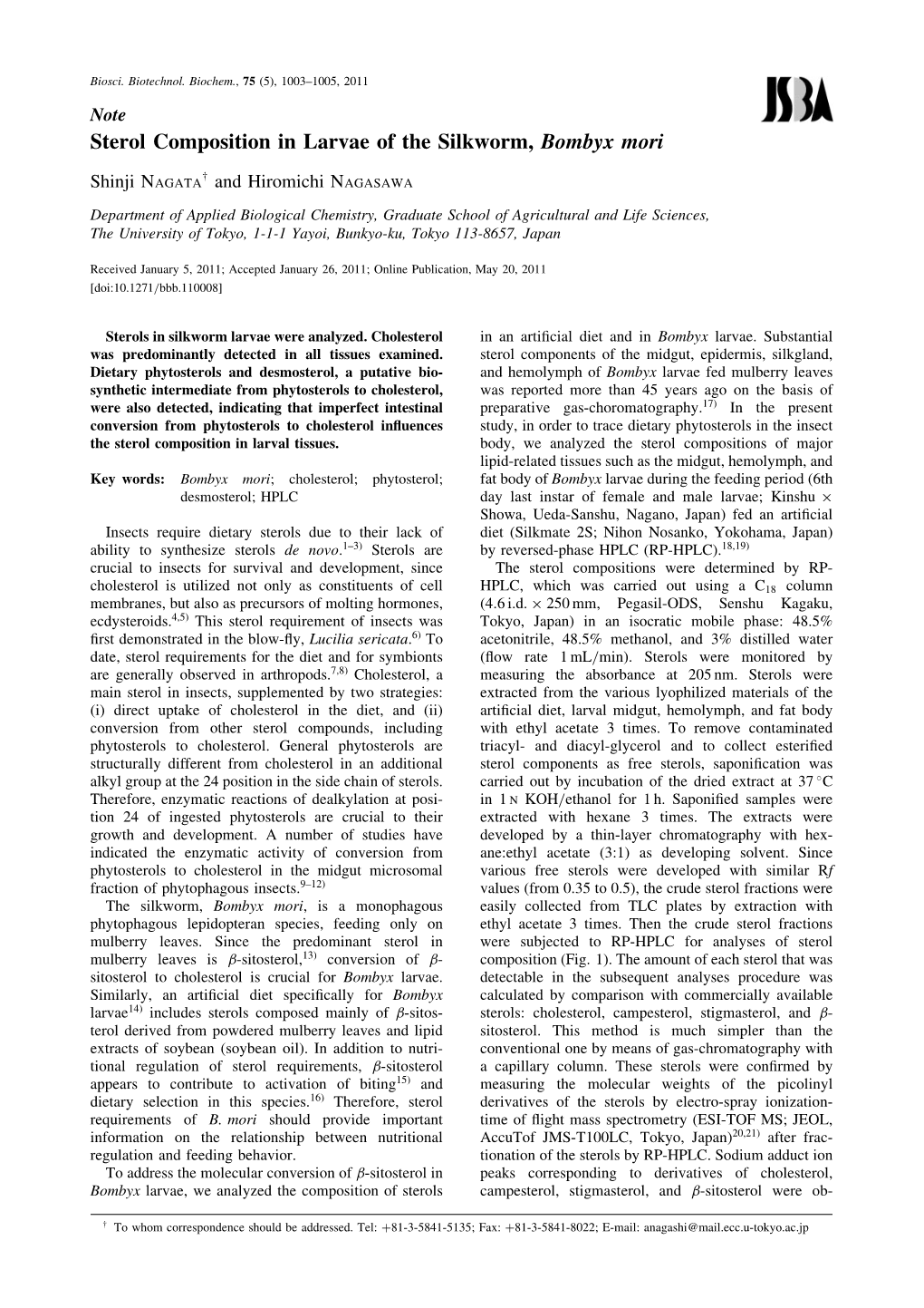 Sterol Composition in Larvae of the Silkworm, Bombyx Mori