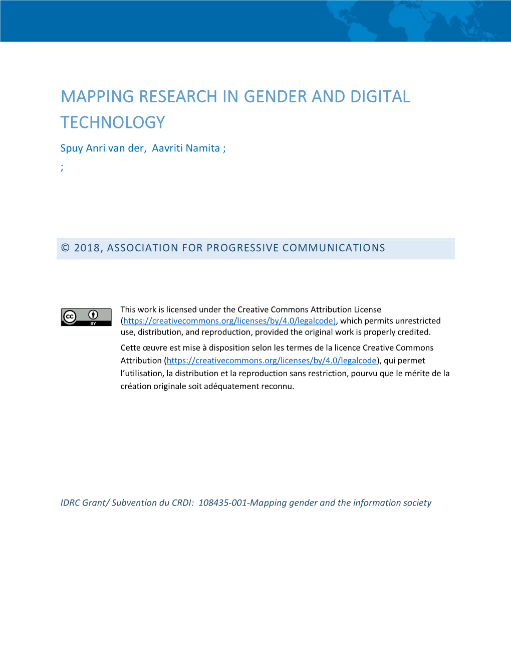 MAPPING RESEARCH in GENDER and DIGITAL TECHNOLOGY Spuy Anri Van Der, Aavriti Namita ; ;