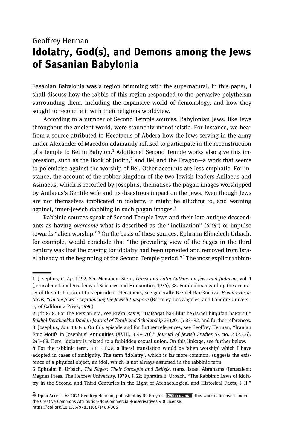 Idolatry, God(S), and Demons Among the Jews of Sasanian Babylonia