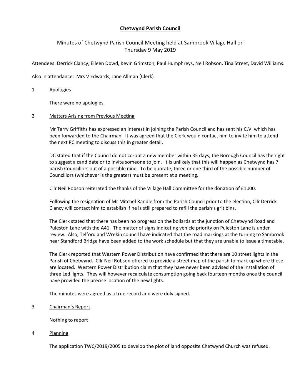 Minutes of Chetwynd Parish Council Meeting 9 May 2019