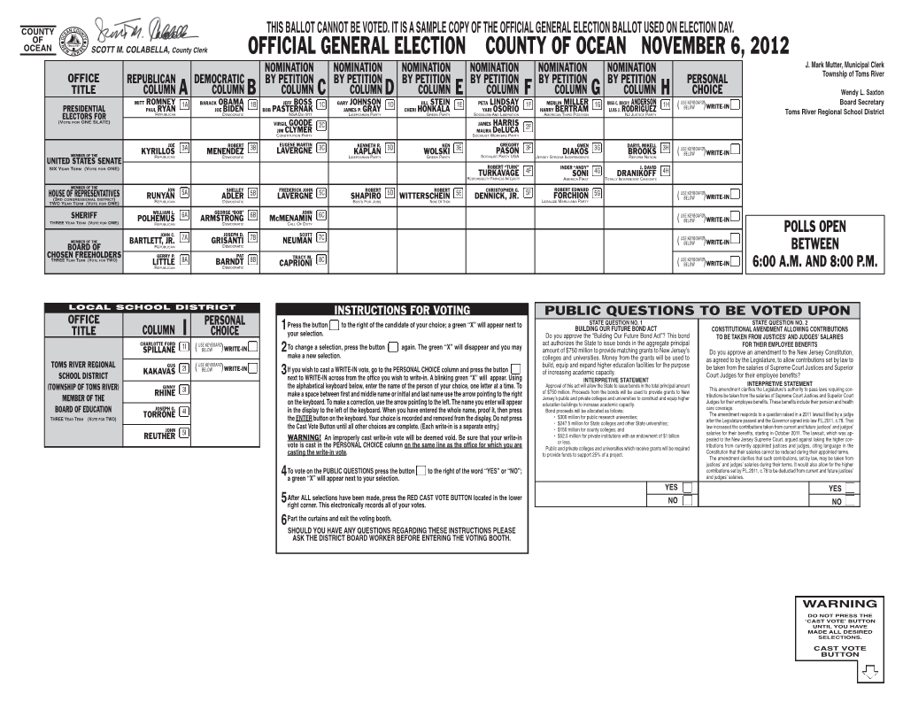 Official General Election County of Ocean November 6, 2012 Nomination Nomination Nomination Nomination Nomination Nomination J