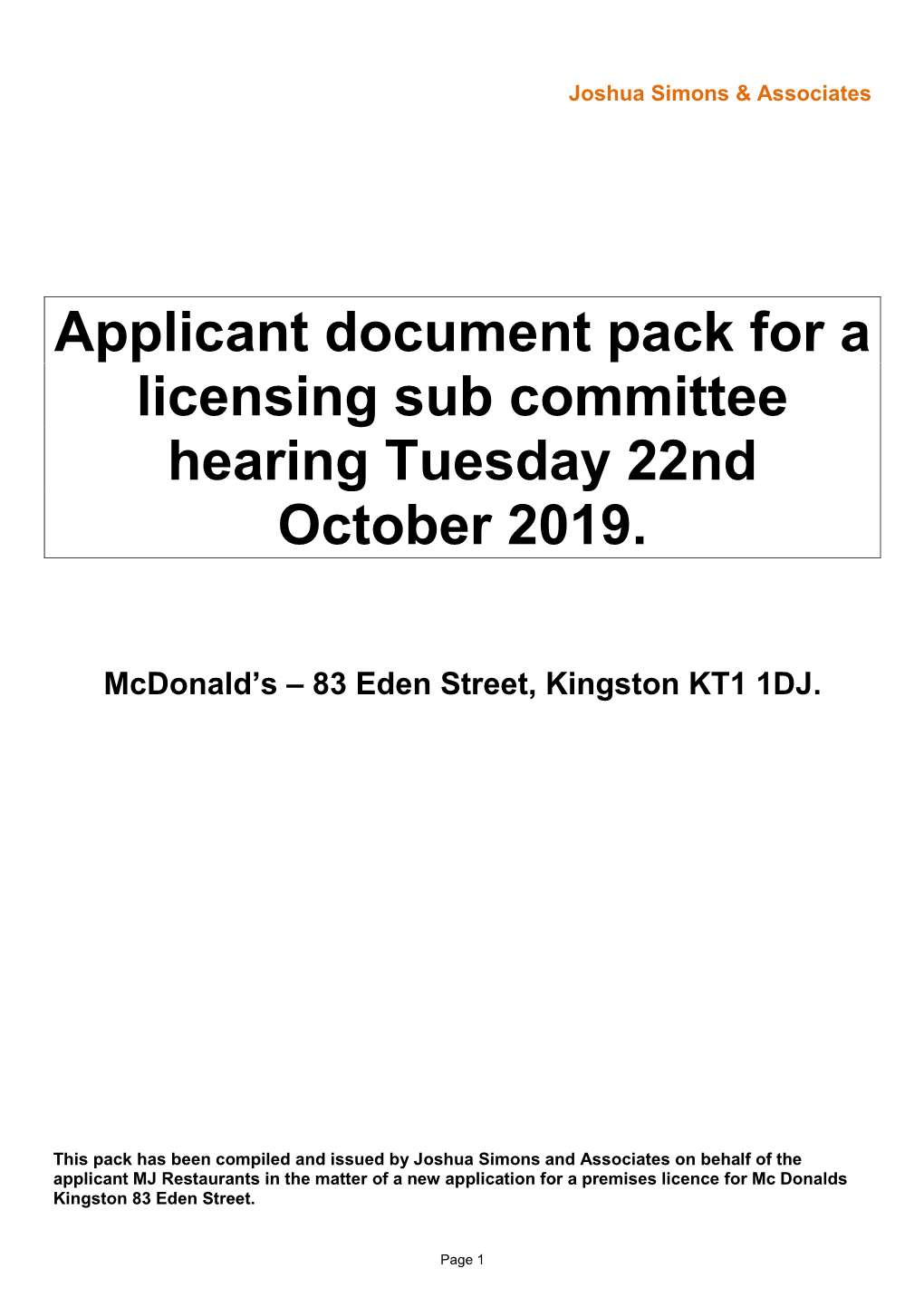 Applicant Document Pack for a Licensing Sub Committee Hearing Tuesday 22Nd October 2019