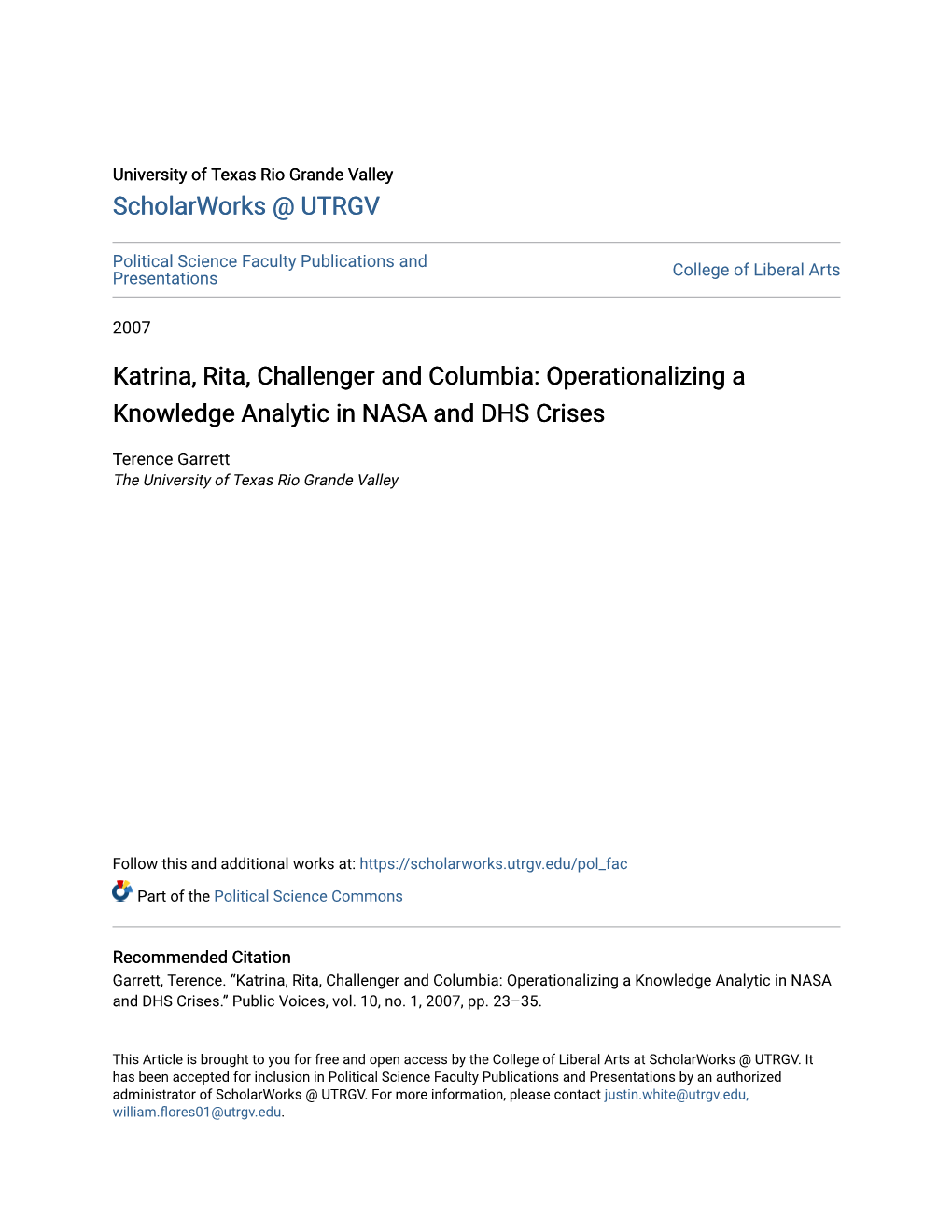 Katrina, Rita, Challenger and Columbia: Operationalizing a Knowledge Analytic in NASA and DHS Crises