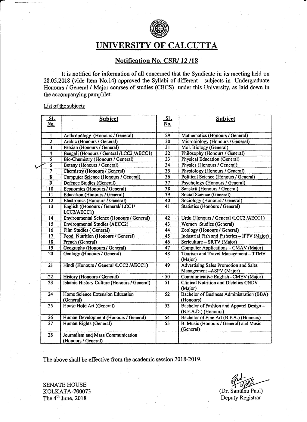 Undergraduate Syllabus --- Botany