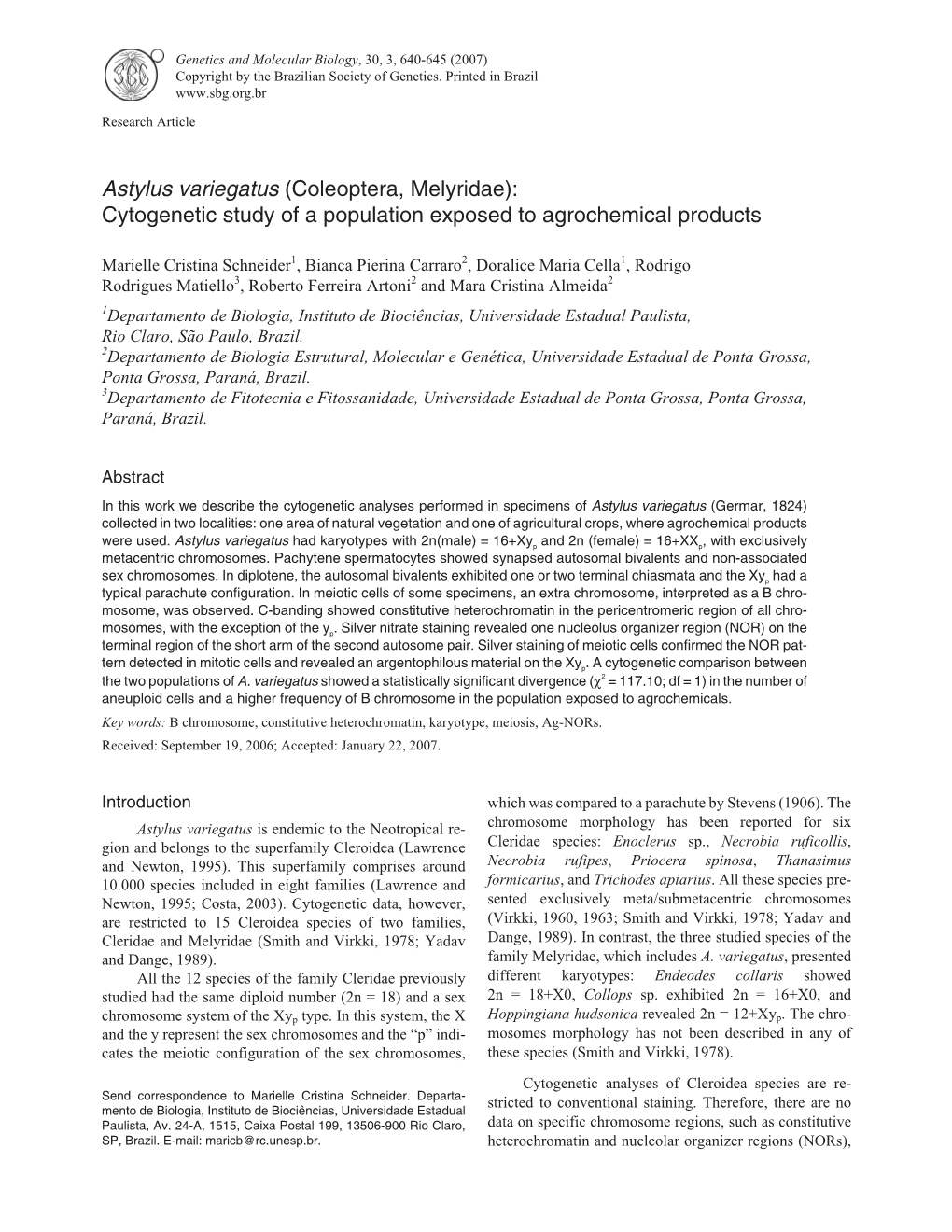 Astylus Variegatus (Coleoptera, Melyridae): Cytogenetic Study of a Population Exposed to Agrochemical Products