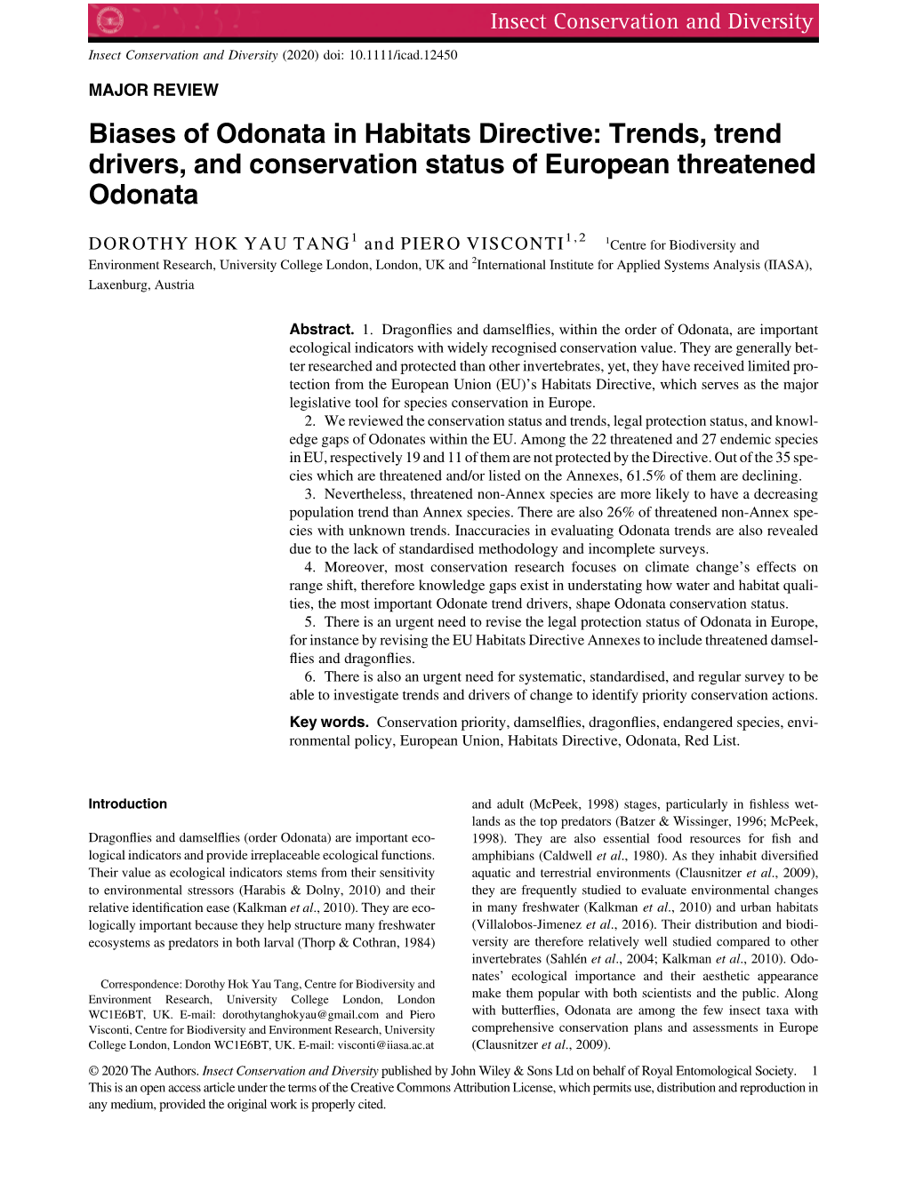 Biases of Odonata in Habitats Directive: Trends, Trend Drivers, and Conservation Status of European Threatened Odonata