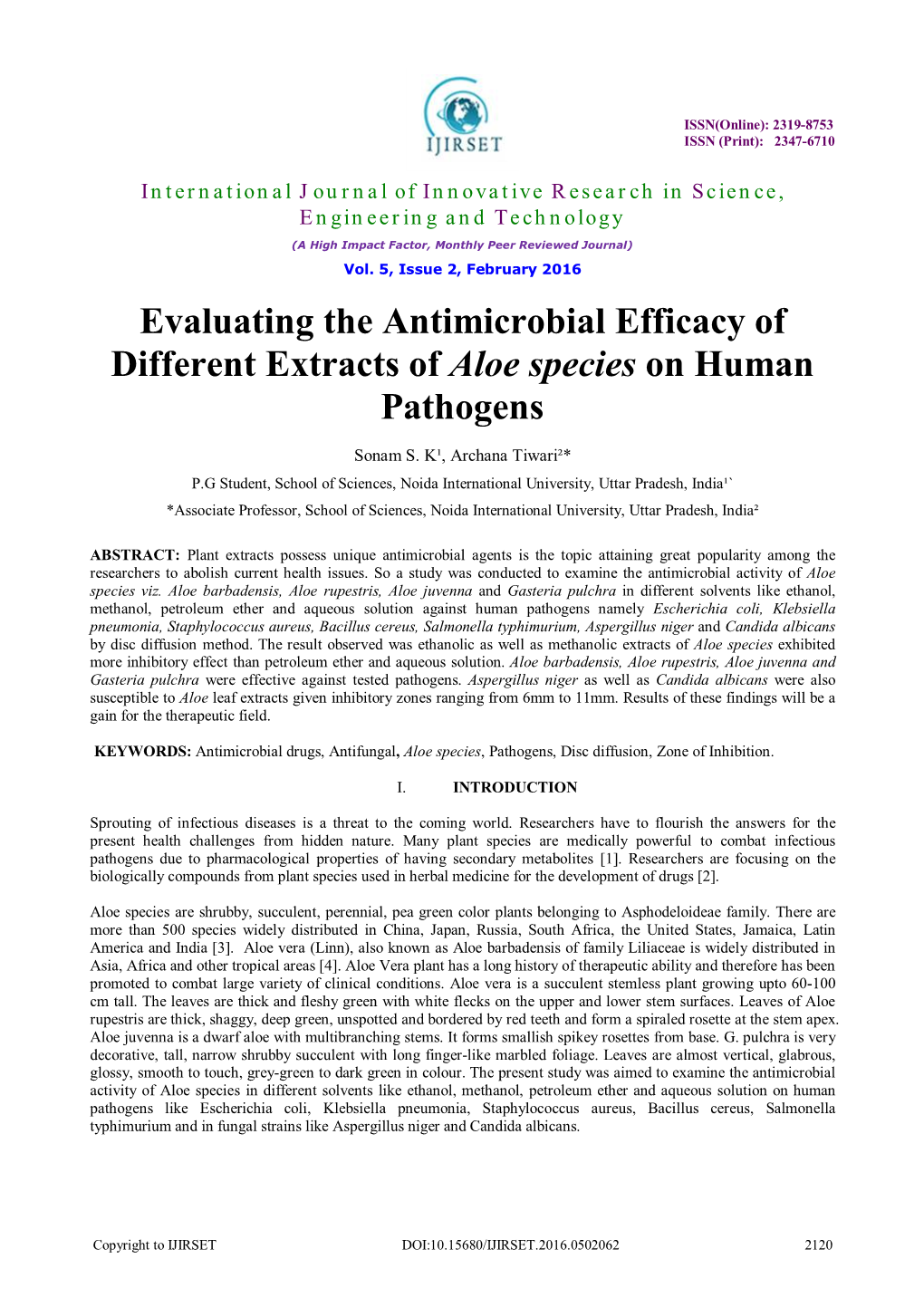 Evaluating the Antimicrobial Efficacy of Different Extracts of Aloe Species on Human Pathogens