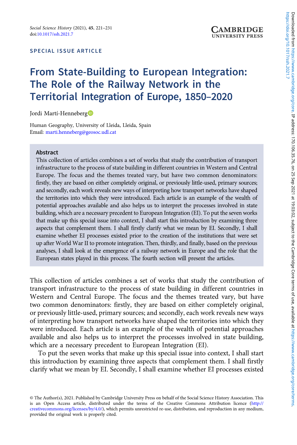 From State-Building to European Integration: the Role of the Railway Network in the Territorial Integration of Europe, 1850–2020