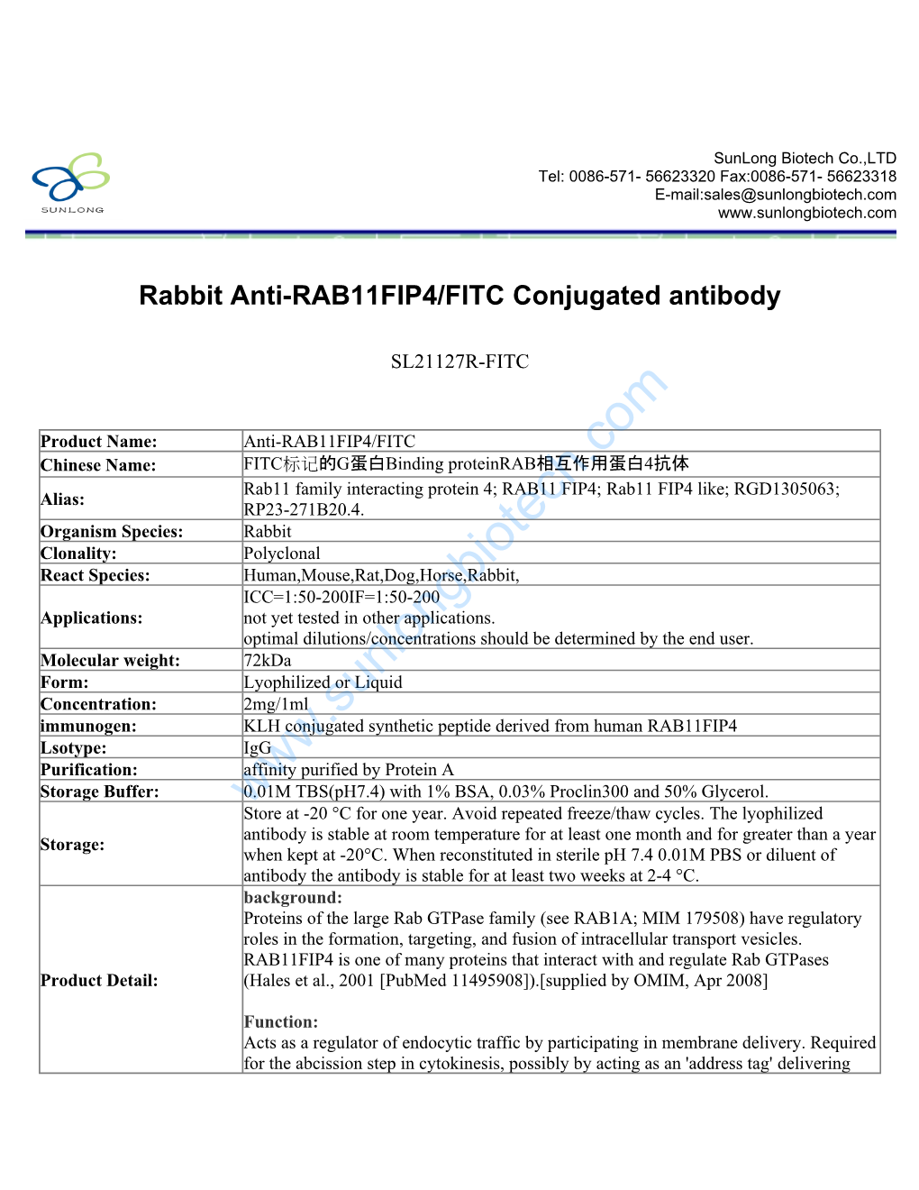 Rabbit Anti-RAB11FIP4/FITC Conjugated Antibody