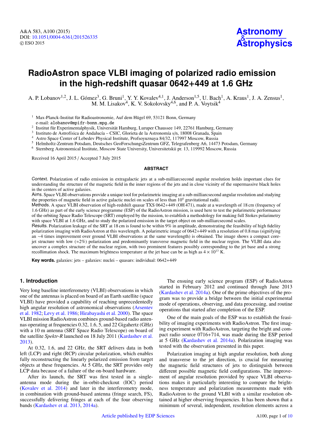 Radioastron Space VLBI Imaging of Polarized Radio Emission in the High-Redshift Quasar 0642+449 at 1.6 Ghz