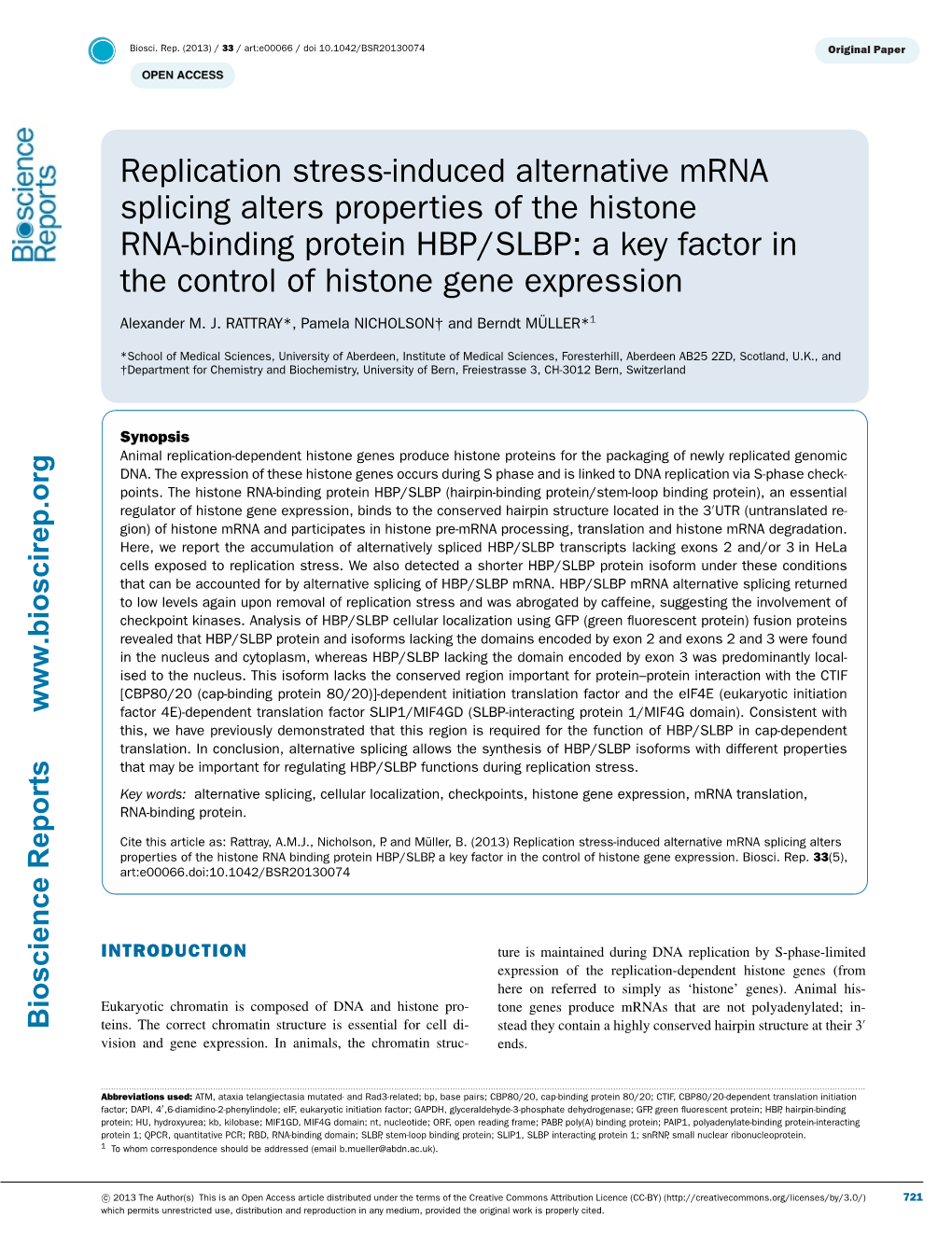 Replication Stress-Induced Alternative Mrna Splicing Alters Properties Of