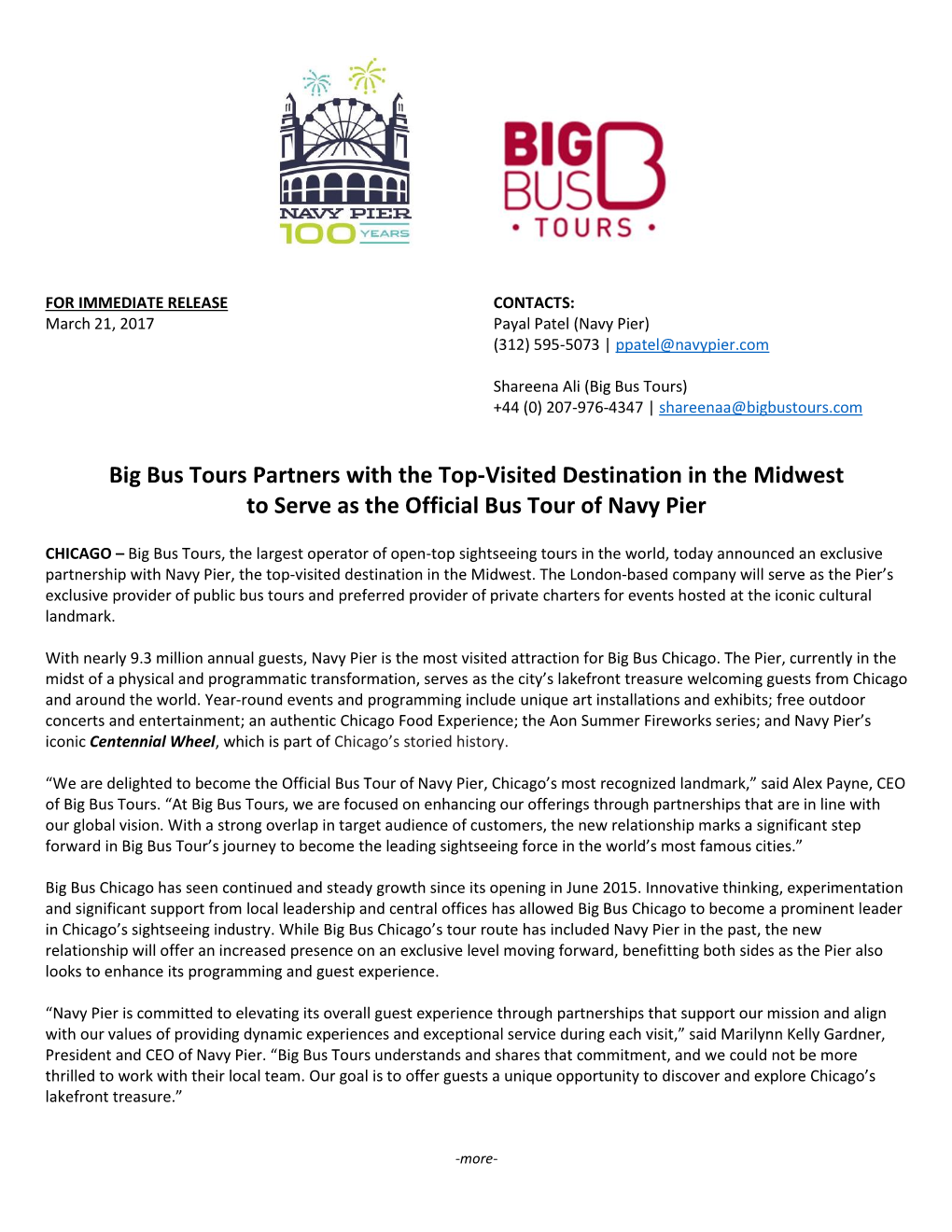 Big Bus Tours Partners with the Top-Visited Destination in the Midwest to Serve As the Official Bus Tour of Navy Pier