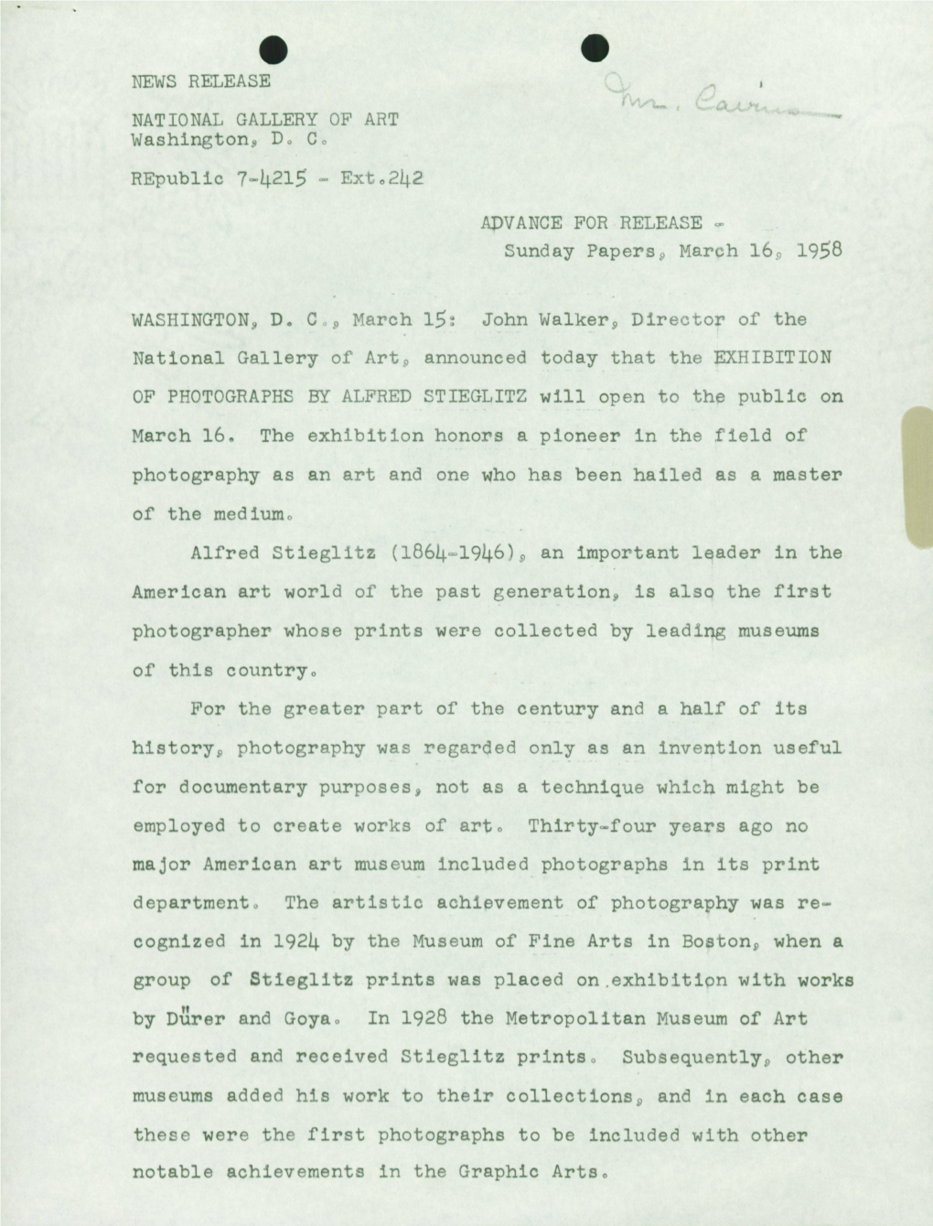 ALFRED STIEGLITZ Will Open to the Public on March 16