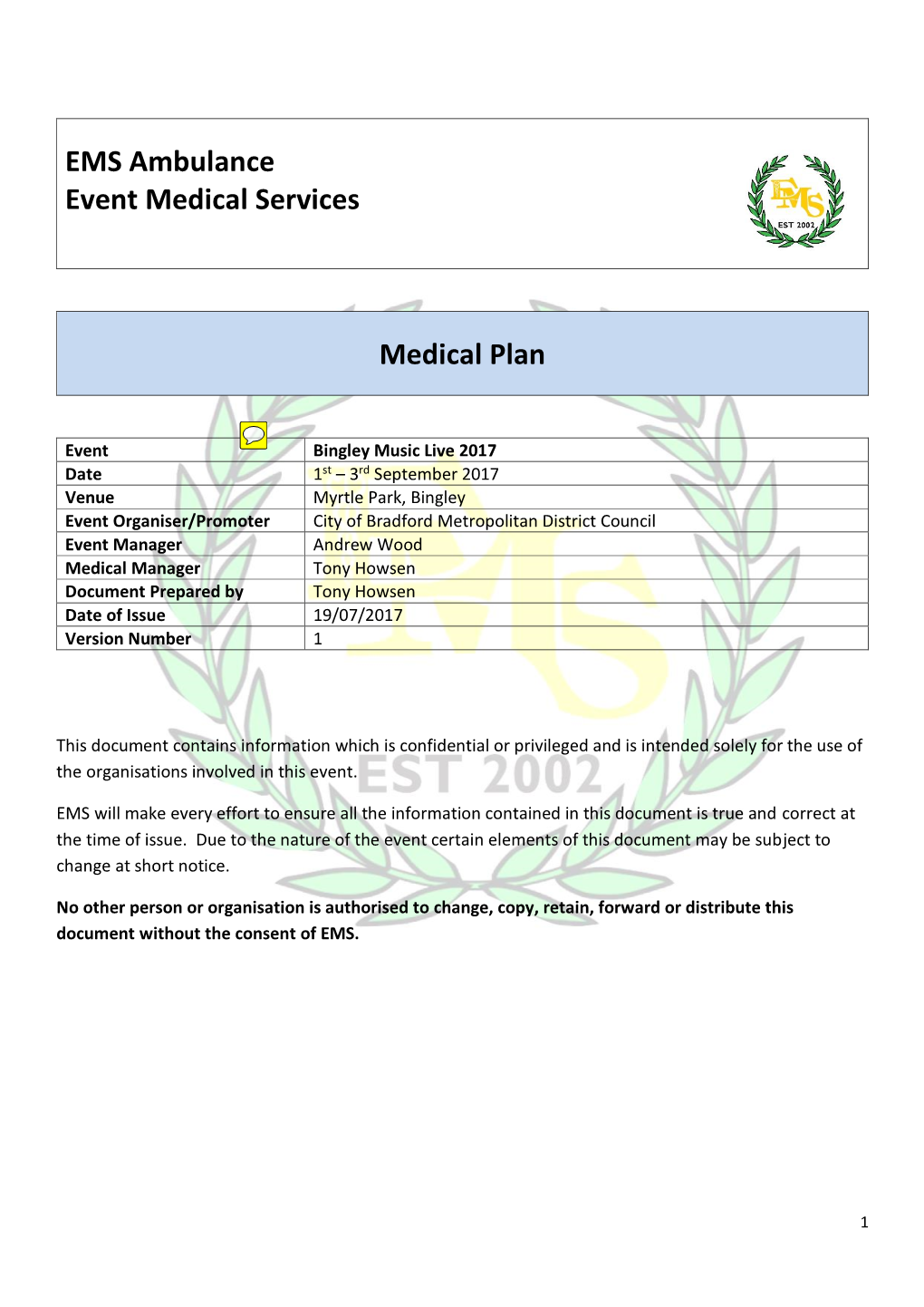 EMS Ambulance Event Medical Services Medical Plan