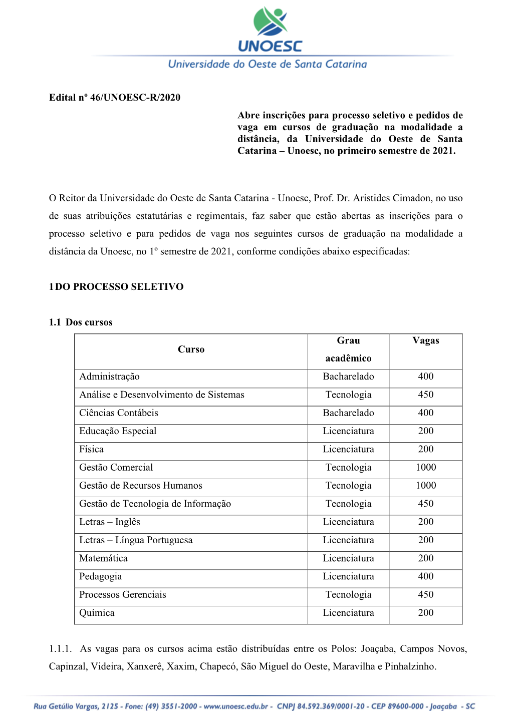 1 Edital Nº 46/UNOESC-R/2020 Abre Inscrições Para Processo Seletivo E