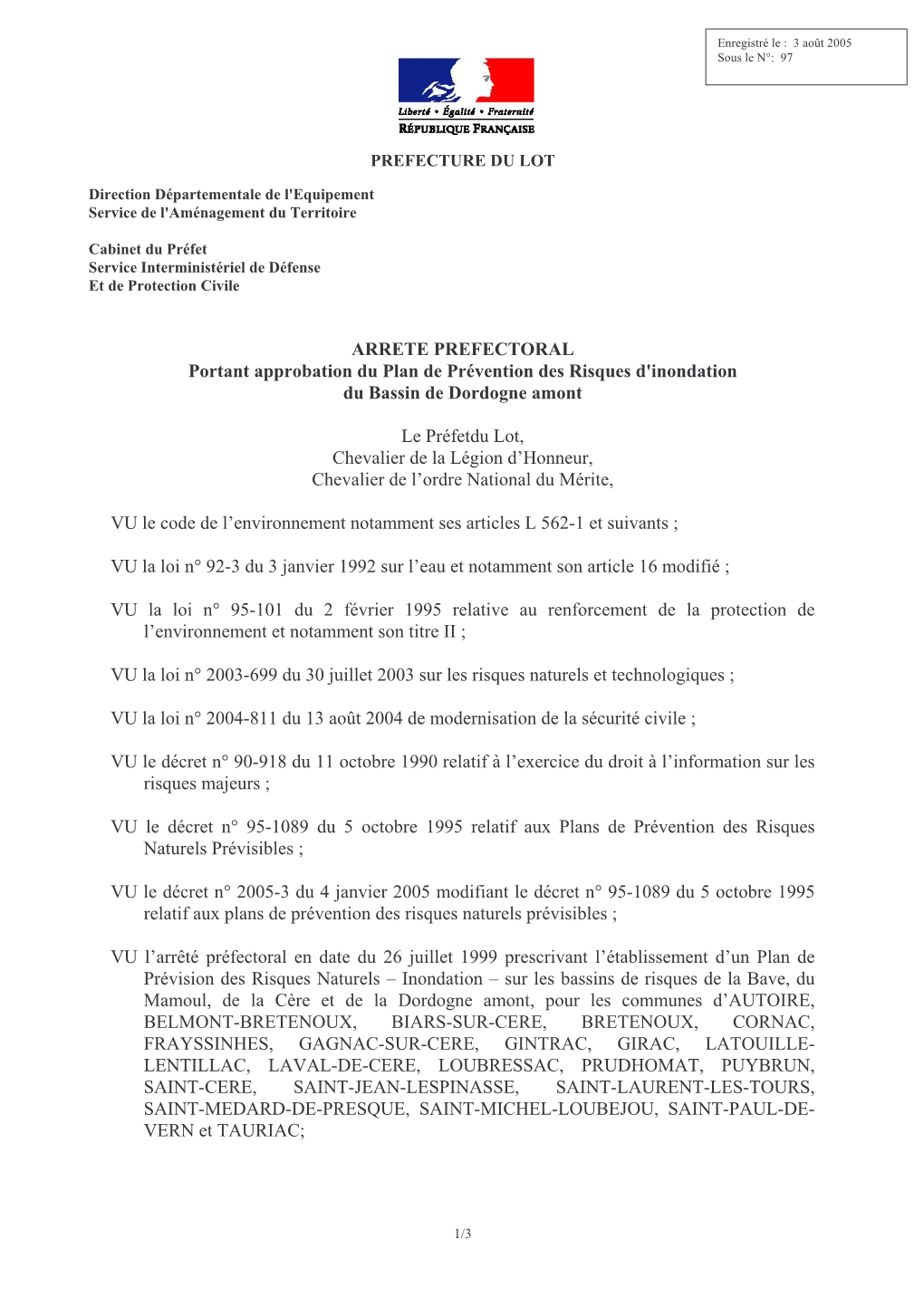 ARRETE PREFECTORAL Portant Approbation Du Plan De Prévention Des Risques D'inondation Du Bassin De Dordogne Amont