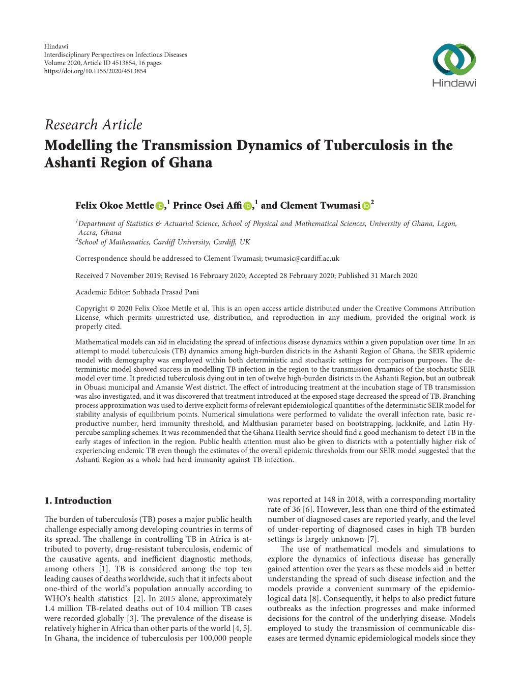 Modelling the Transmission Dynamics of Tuberculosis in the Ashanti Region of Ghana